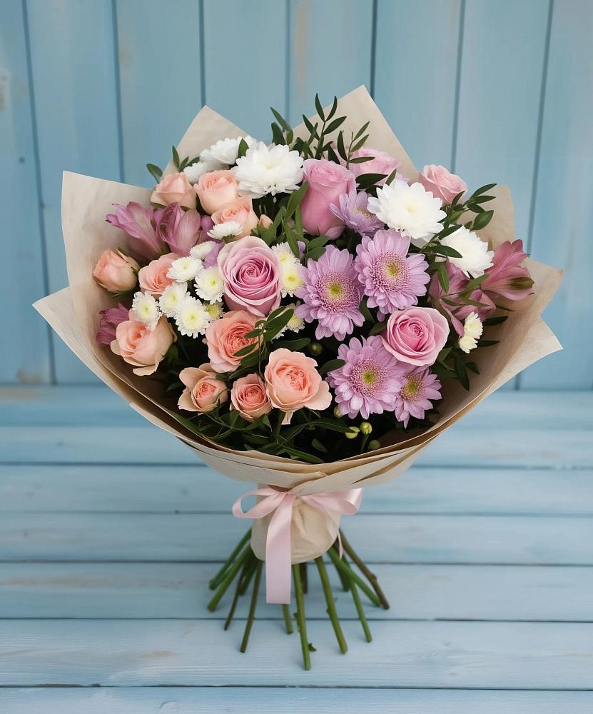 Букет цветов из: Хризантемы, Розы и Альстромерии в Большевик