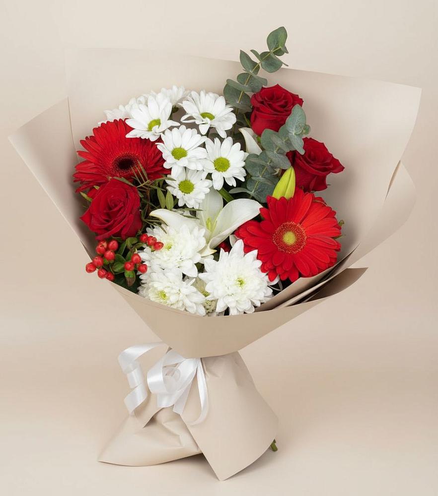 Букет цветов из: Розы, Хризантемы, Герберы и Лилии в Большевик